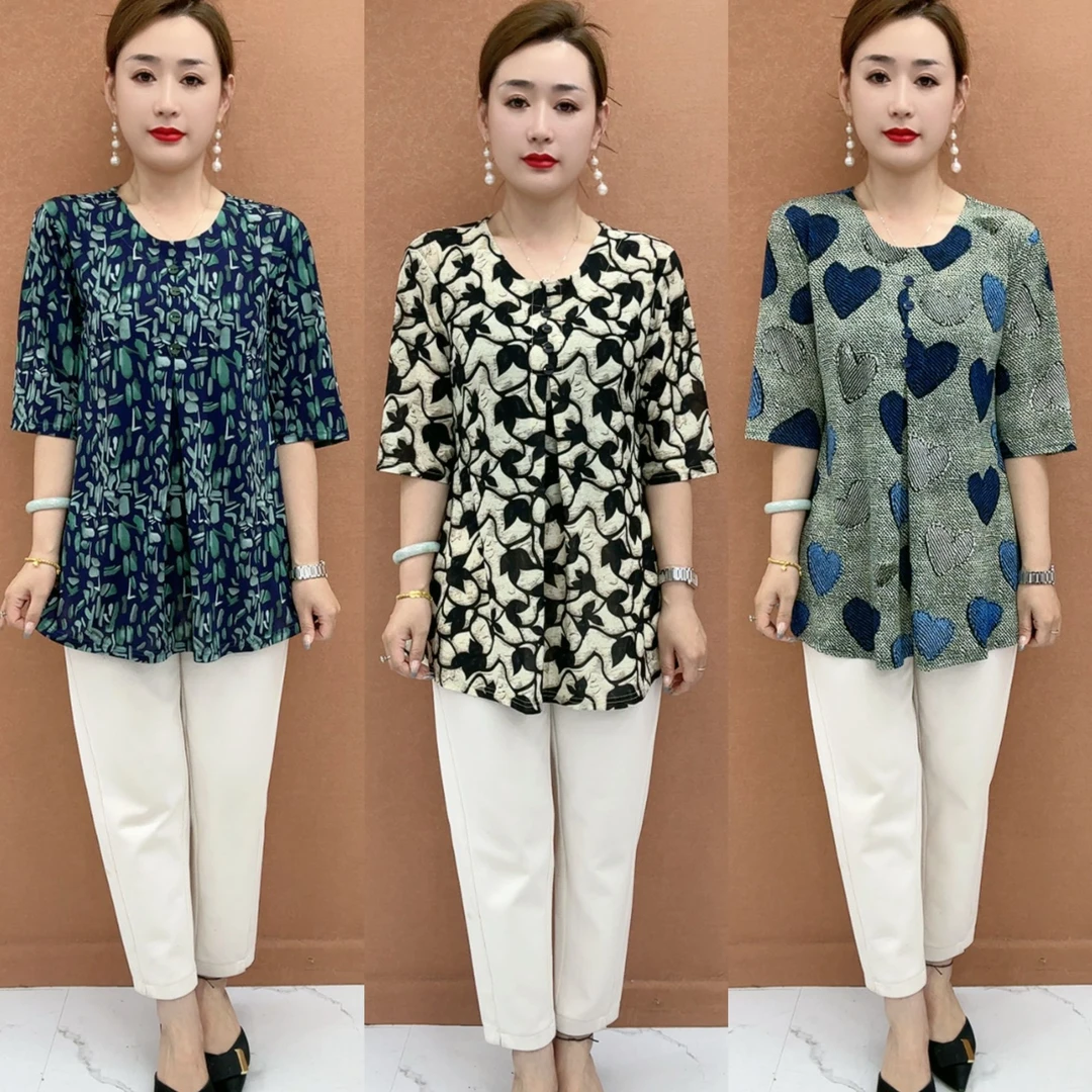 2025夏季新款气质小衫时尚圆领显瘦减龄妈妈装中袖上衣