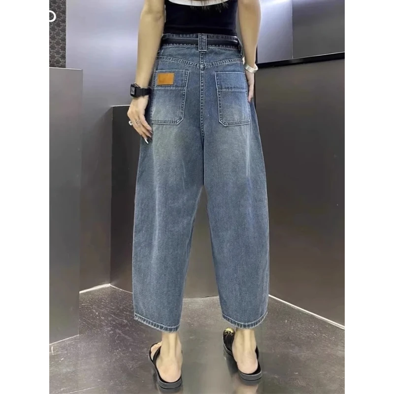 宽松老爹牛仔裤女2025夏季薄款萝卜裤大码百搭显瘦阔腿九分哈伦裤