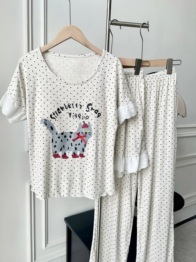 【波点猫三件套】带胸垫女士夏季可外穿莫代尔家居服短袖长裤短裤