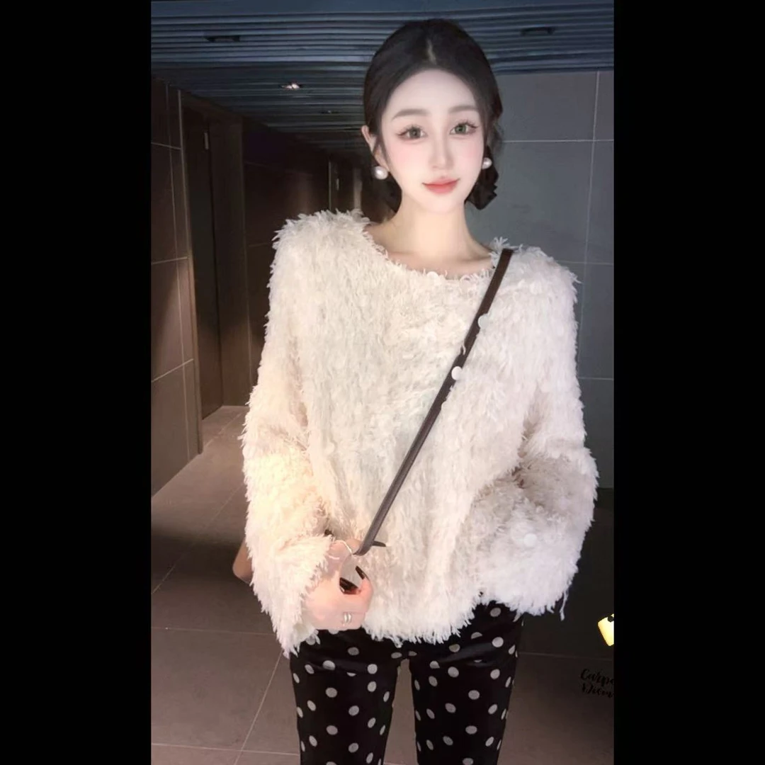 TANMEI 高级感小众圆领羽毛亮片上衣
