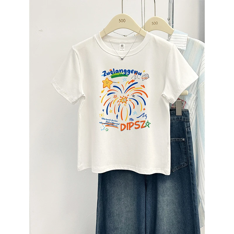 正肩小衫圆领短袖T恤女夏季新款韩版设计感小众印花洋气别致上衣