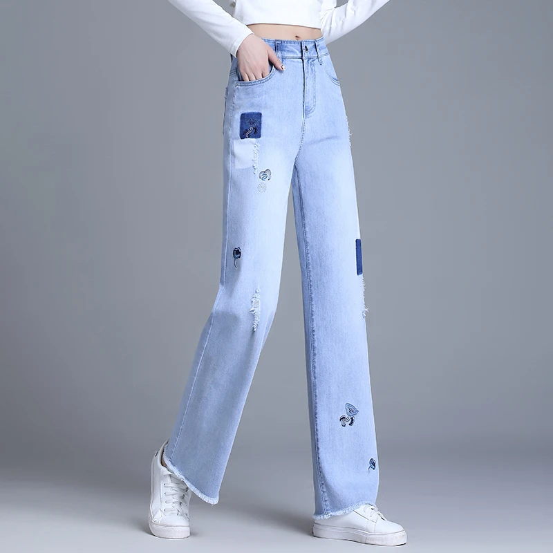 正品高端浅色阔腿牛仔裤女夏季2025新款高腰设计感休闲时尚直筒裤