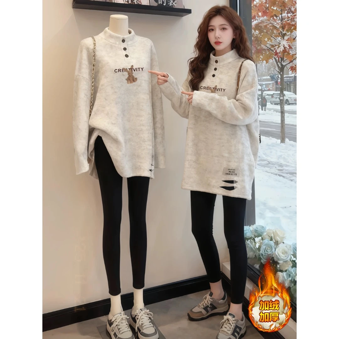 秋冬纽扣破洞衣服内搭可外穿打底衫德绒长袖T恤女加绒加厚中长款