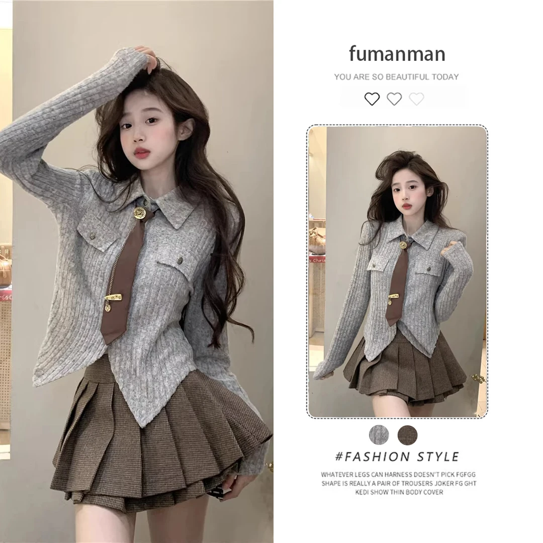 秋季套装女2025新款学院风针织毛衣配领带气质显瘦复古短裙两件套
