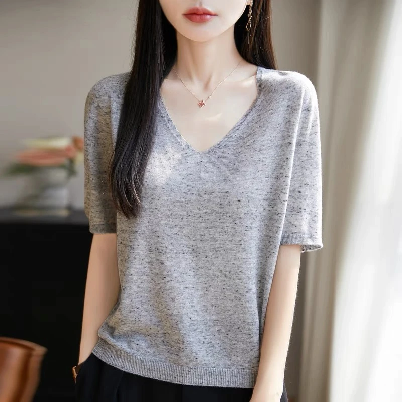 2025早秋爆款精仿6羊毛细致V领花色针织休闲新款上衣时尚短袖百搭