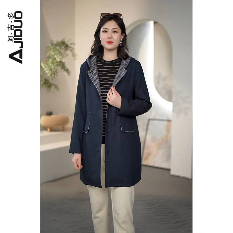A22770大码中长款连帽棉服外套女秋季时尚百搭防风显瘦风衣外套