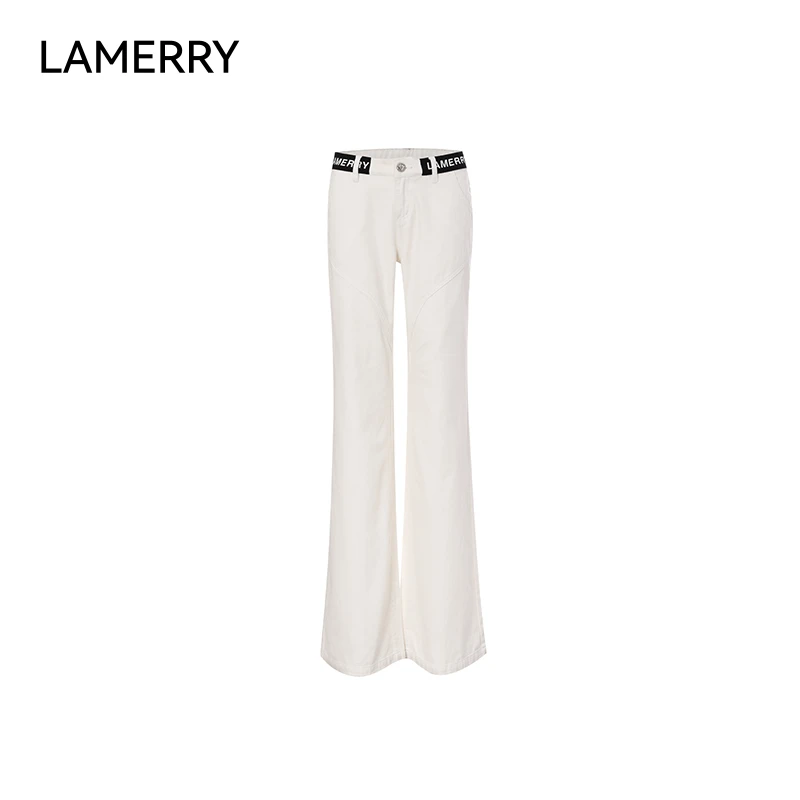 LAMERRY白色低腰拼接罗纹显瘦微喇牛仔长裤简约百搭时尚LWFR4K265