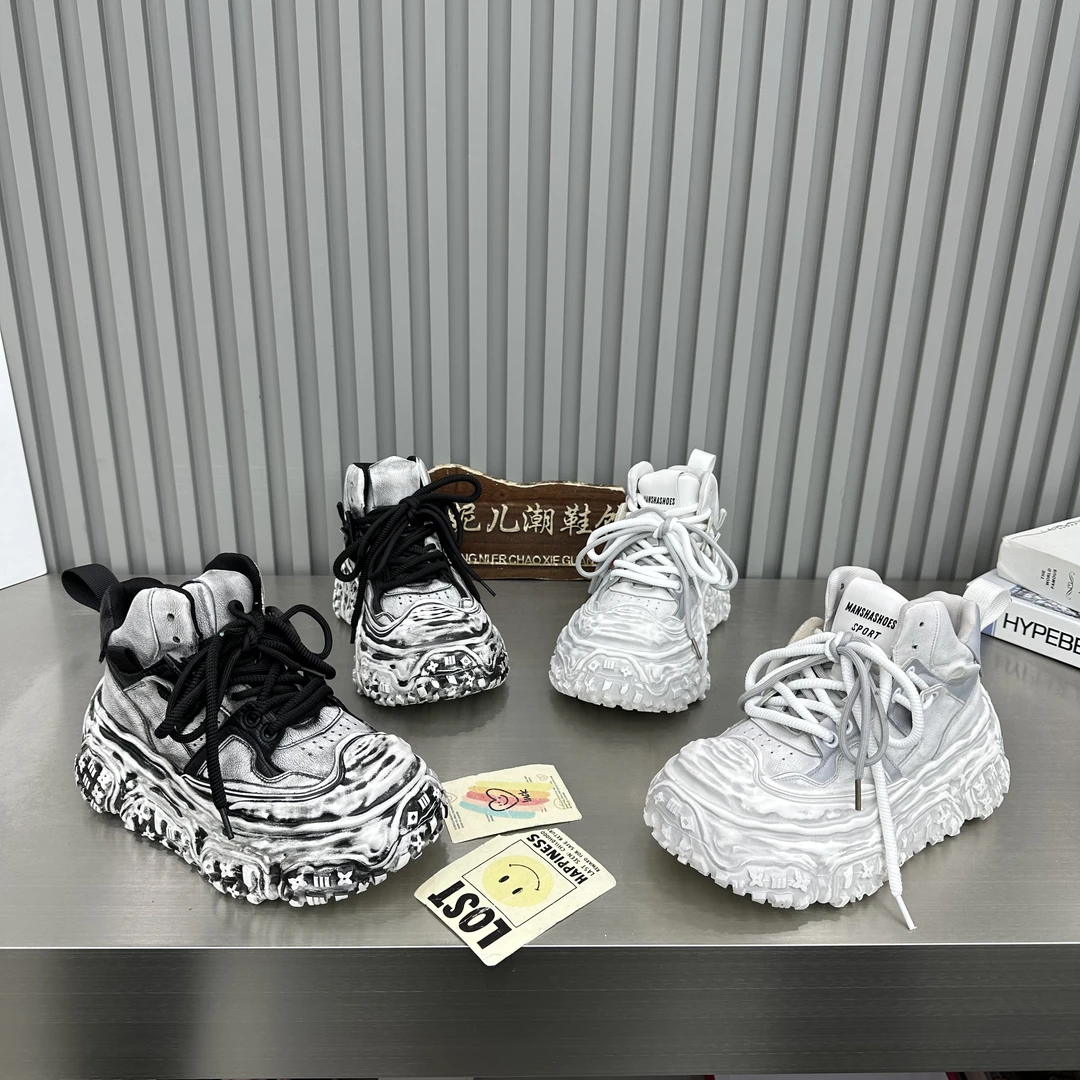 MANGNIER/韩版拼色圆头贝壳头厚底百搭做旧擦色系带ins潮老爹鞋女