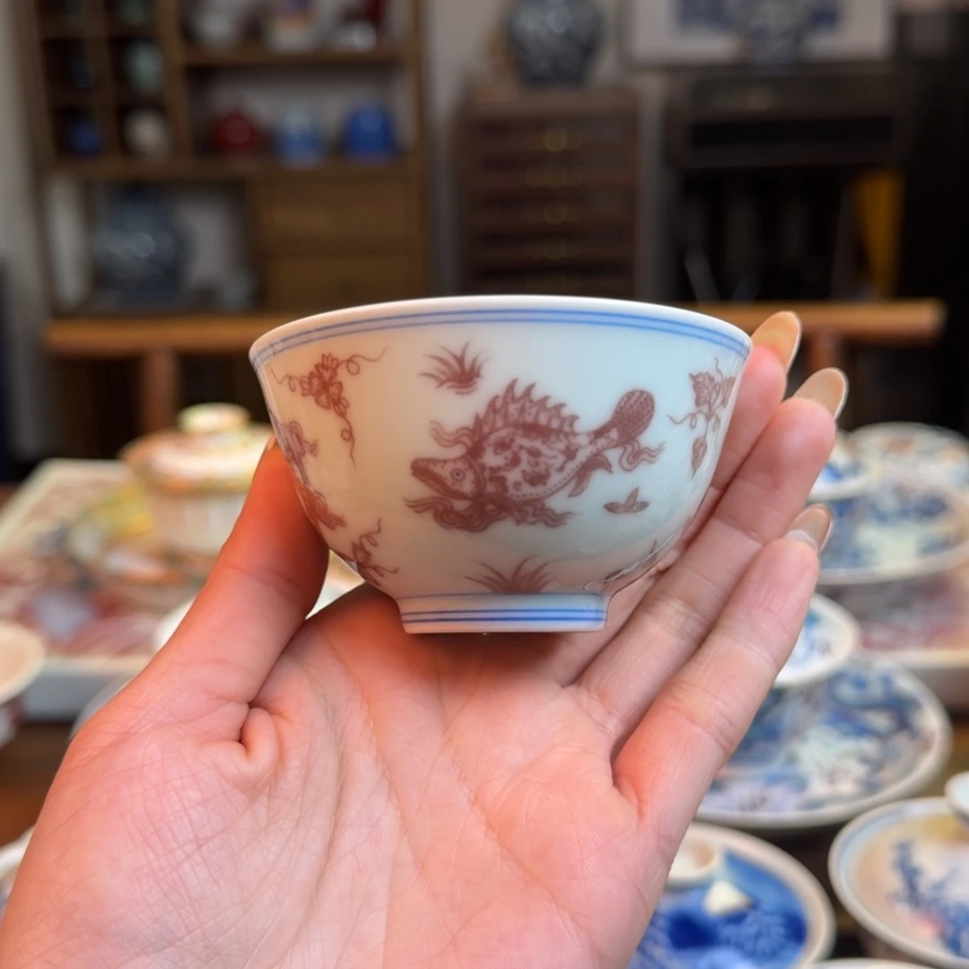 杯重工鱼藻点工釉里红杯纯手绘瑜器