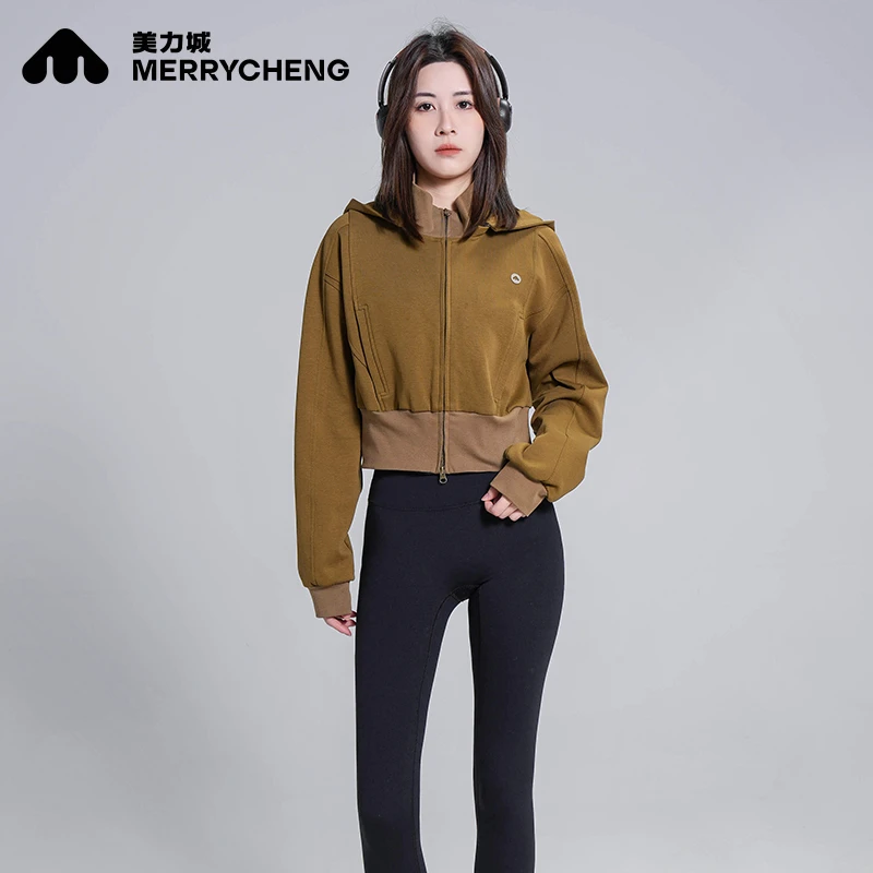 美力城针织卫衣女2025春季新款可拆卸连帽收腰休闲短外套