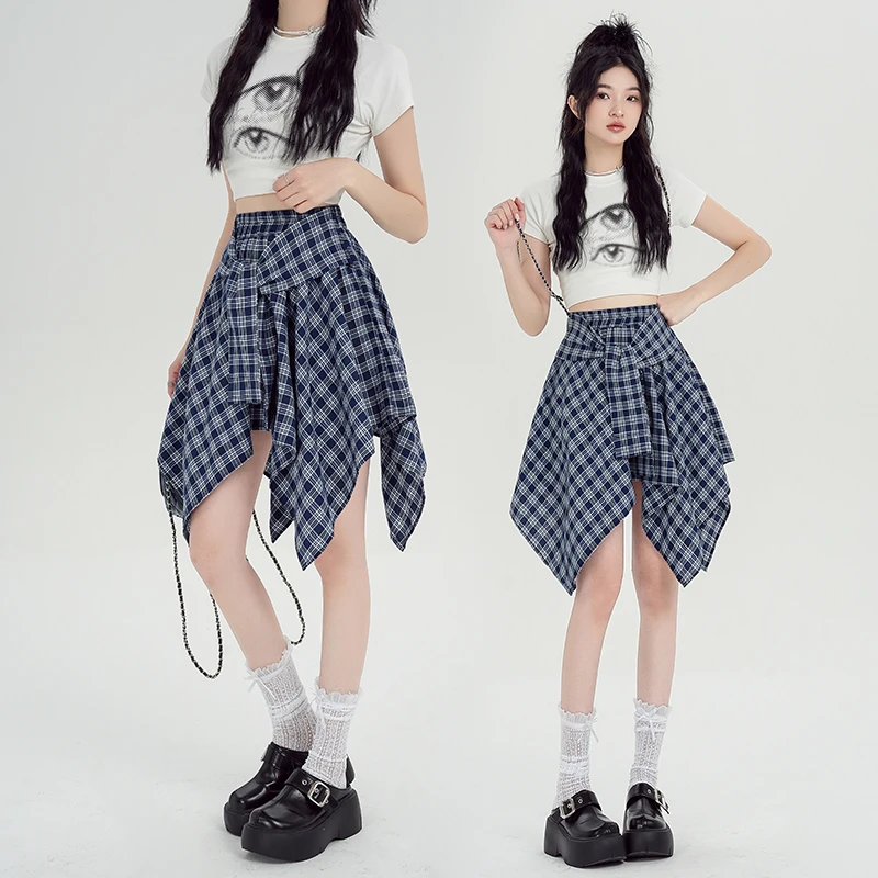 假两件绑带格子半身裙女夏季设计感不规则显瘦洋气减龄短裙潮