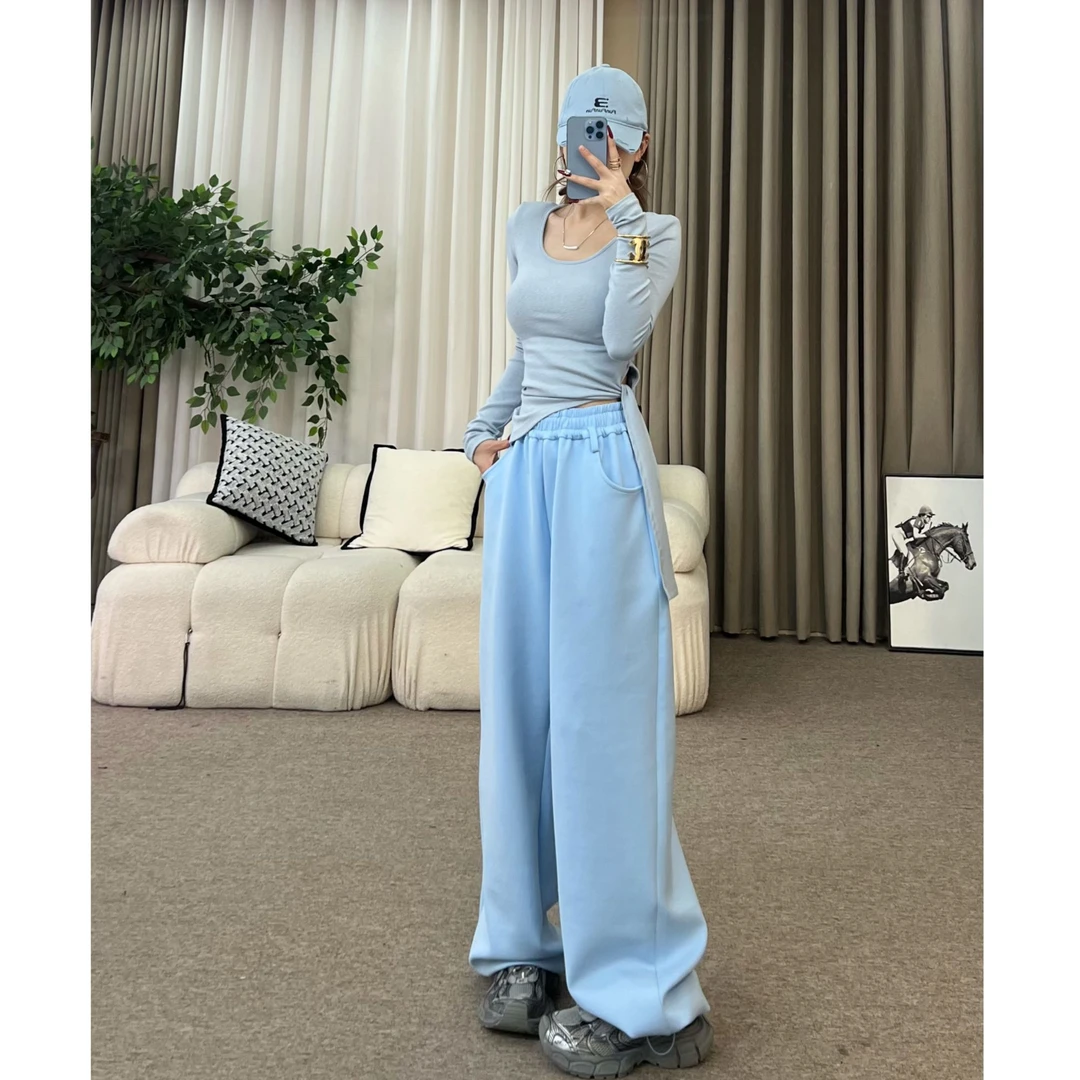 XIAOQIN【春日画廊】时尚松紧腰阔腿卫裤女高腰宽松运动休闲裤2505