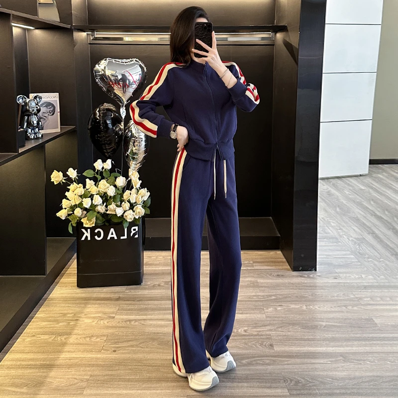 网红洋气炸街蓝色卫衣休闲套装女秋冬松弛贵气百搭显瘦阔腿运动裤