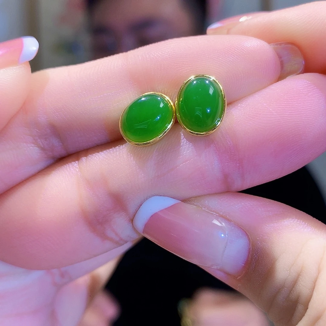 和田玉（碧玉）耳饰银S925镀金镶嵌