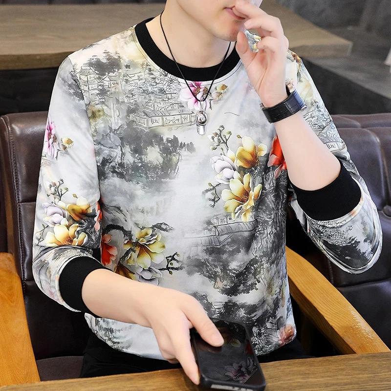 狄佛蒙特山水画印花t恤男圆领宽松休闲秋装上衣时尚青年长袖打底