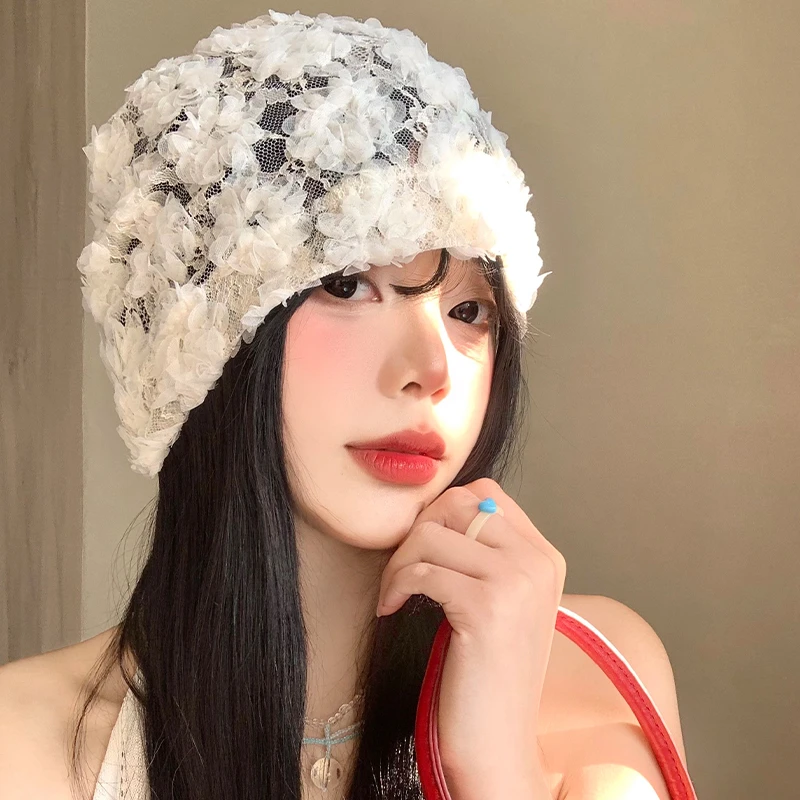 白色花朵蕾丝包头帽女春夏季薄款透气韩版百搭显脸小套头堆堆帽子