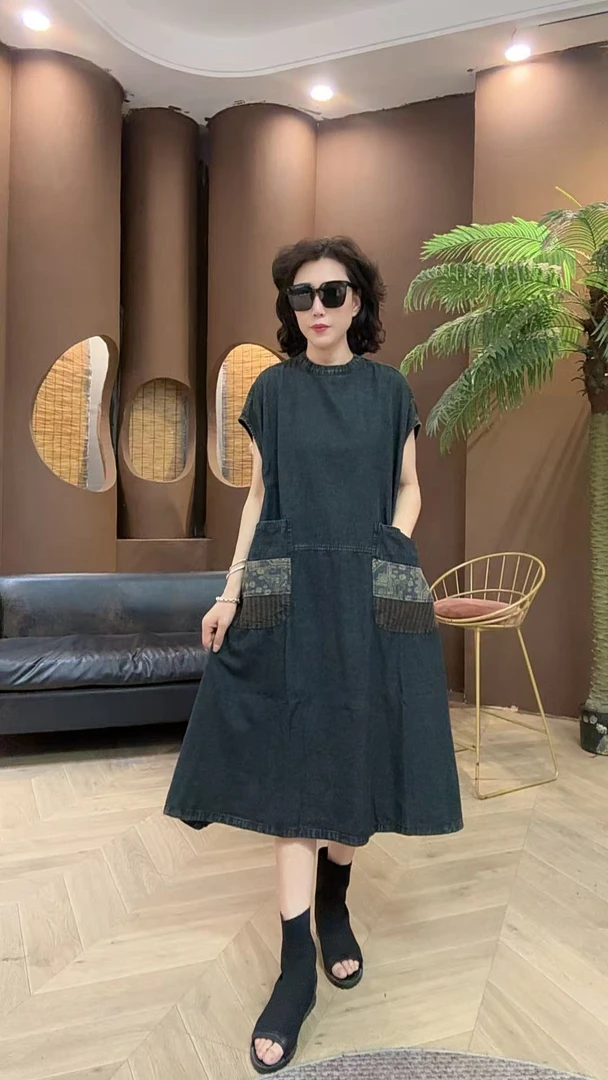 【8899无袖裙】圆领夏季拼接做旧民族风连衣裙气质裙子欧若智性风