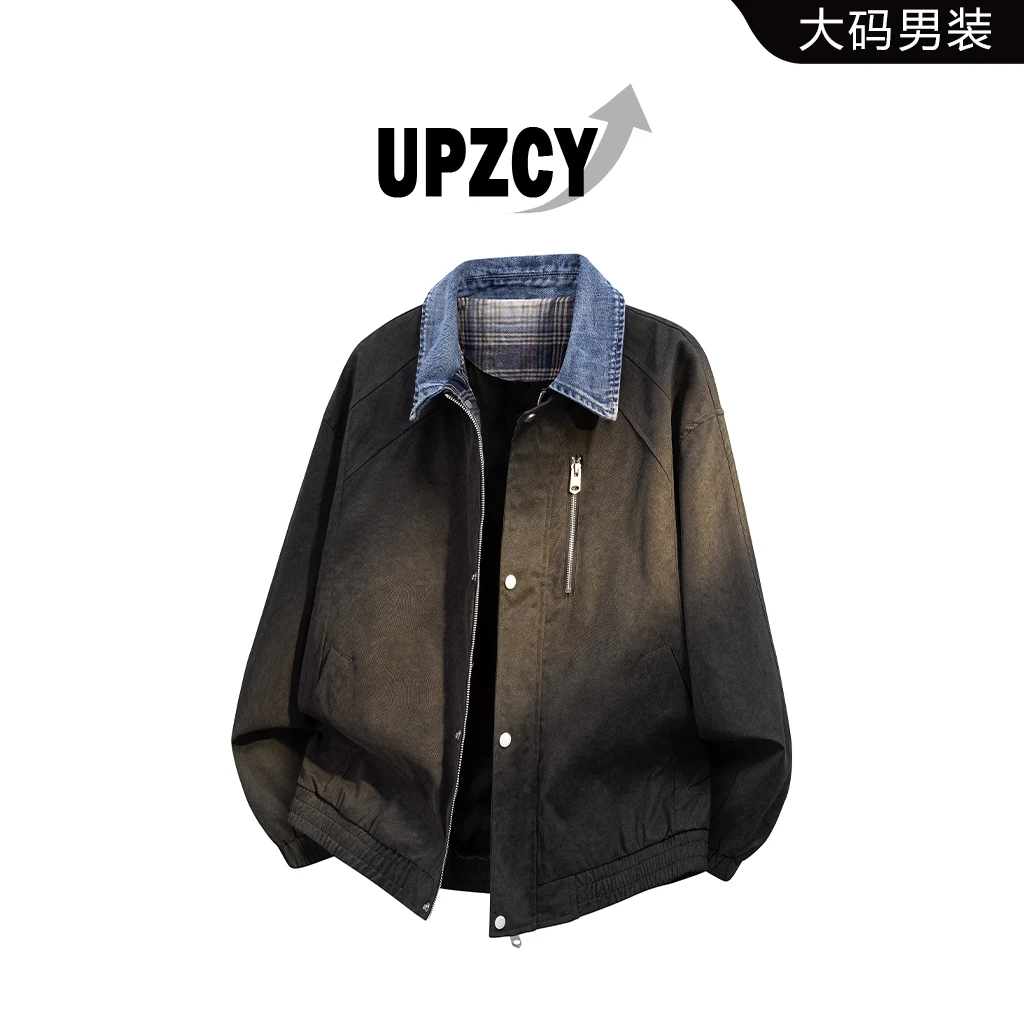 UPZCY美式大码牛仔拼接夹克男款春秋高级感痞帅潮牌宽松休闲外套