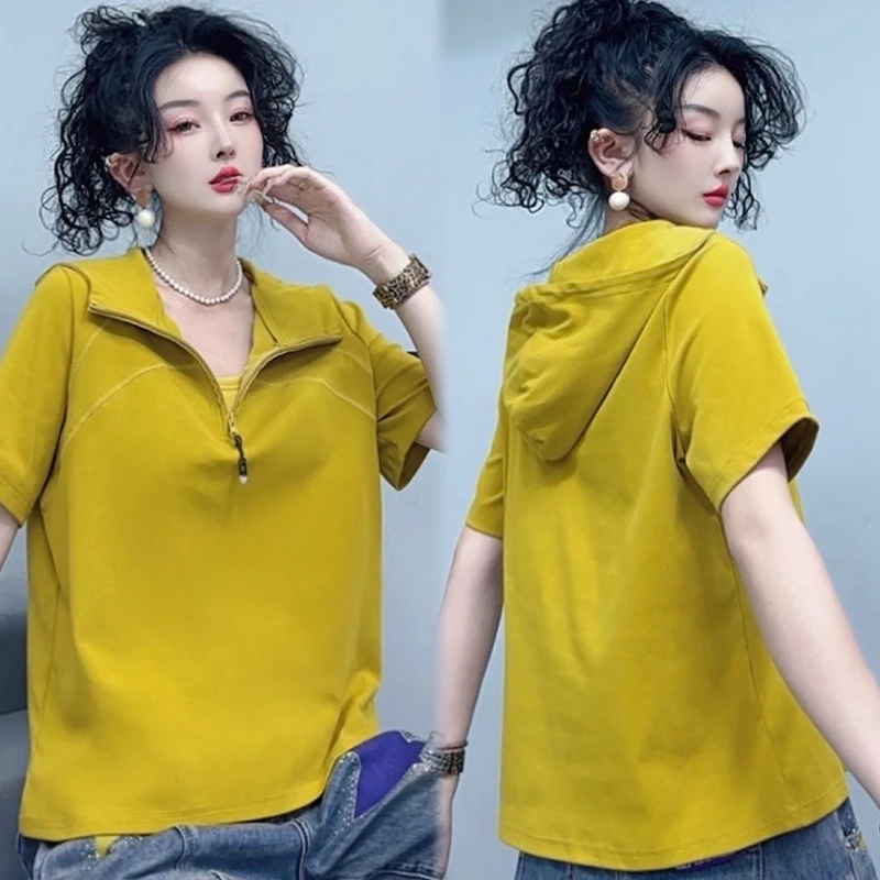 夏季纯色短袖t恤女连帽洋气小衫爆款休闲胖mm遮肚子女上衣-1237-1