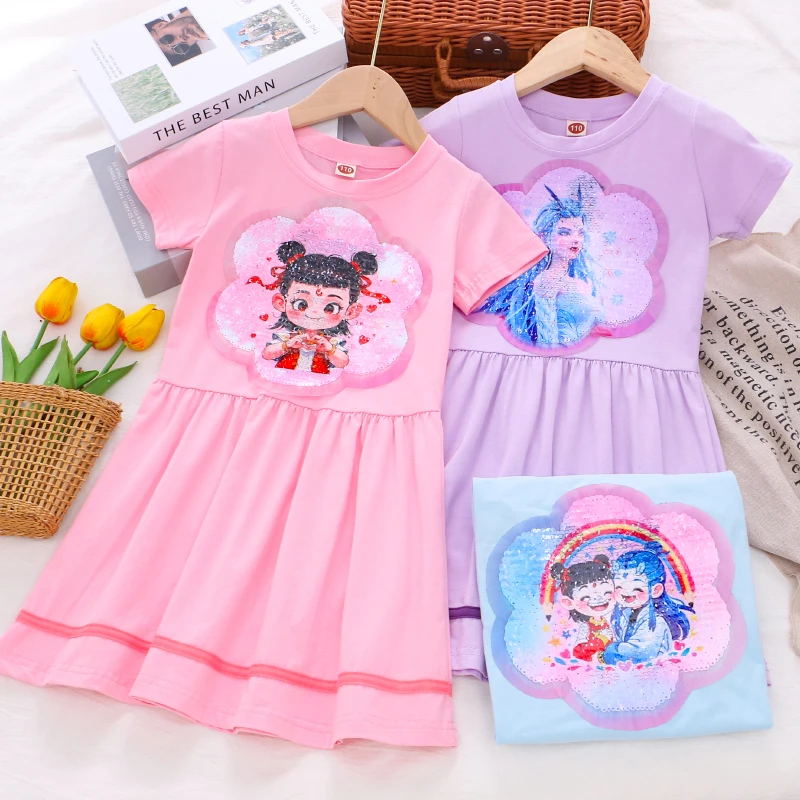 女童敖润变色亮片连衣裙哪吒敖丙纯棉夏季新款薄卡通儿童女孩裙子