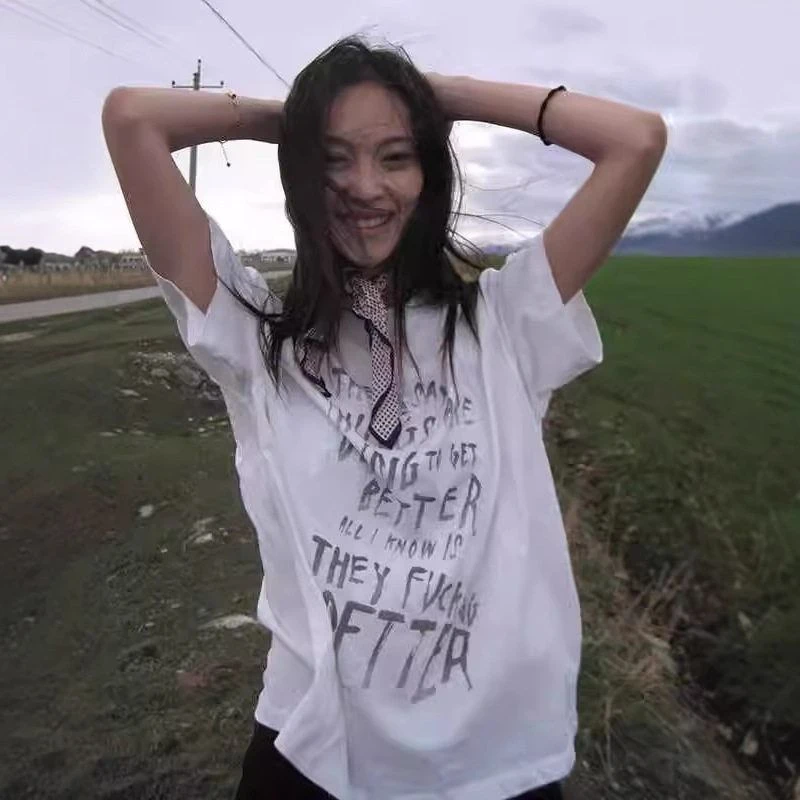 「手写态度」街头潮酷2025夏季大码女装纯棉短袖T恤