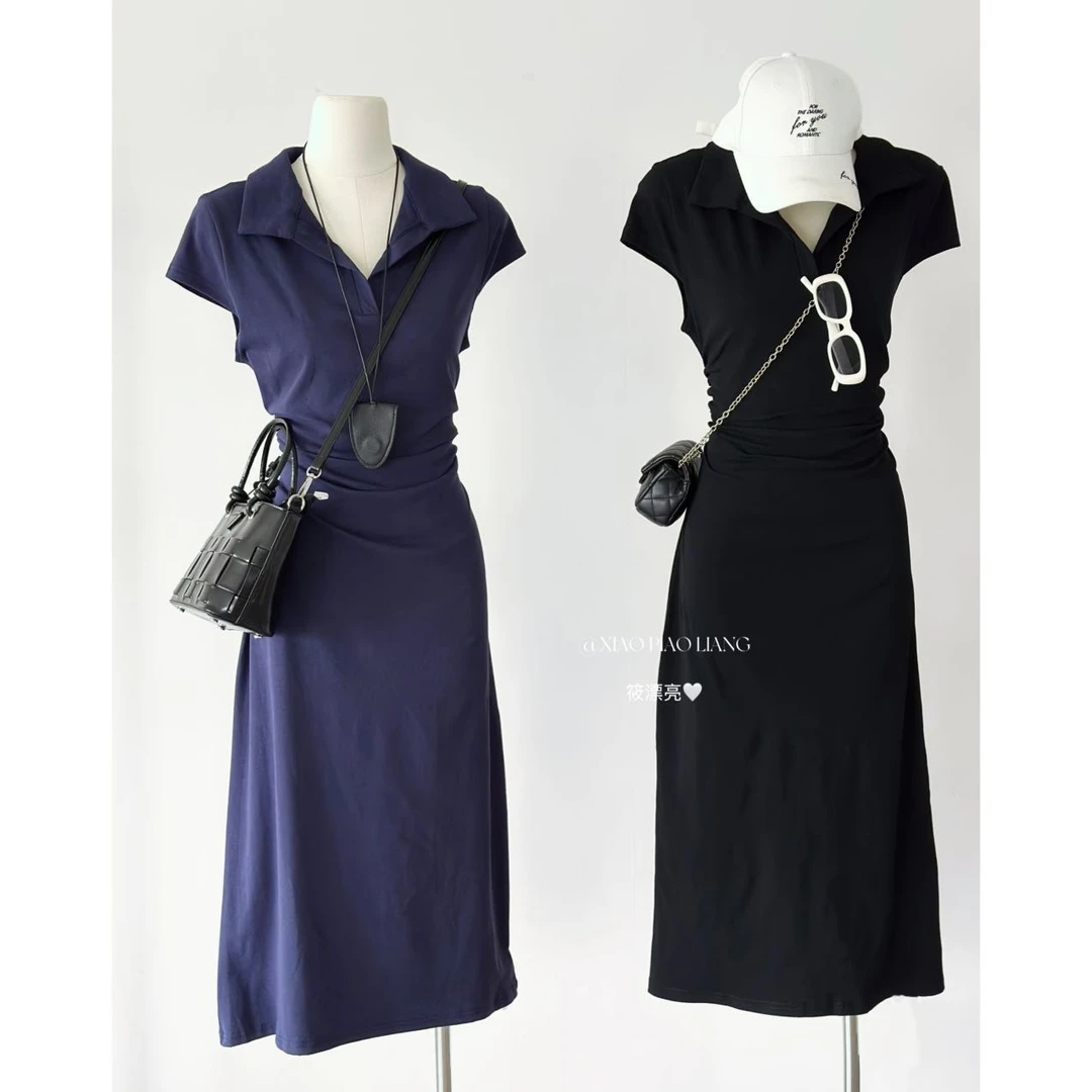 法式气质简约褶皱修身显瘦POLO领通勤风短袖T恤连衣裙0356#0.1