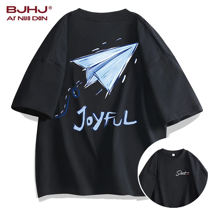 【BJHJ】2025新款港风印花T恤男女同款纯棉圆领上衣情侣潮流半袖