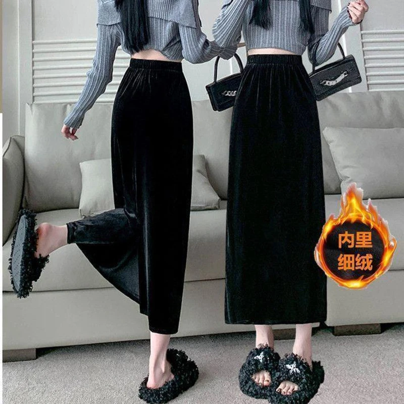 金丝绒高腰半身裙女秋冬加绒直筒长裙后开叉一步a字显瘦裙子2025