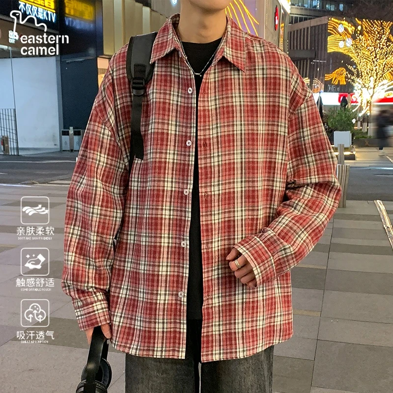 多口袋衬衣春秋小香风衬衫上衣男长袖港风格子亲肤