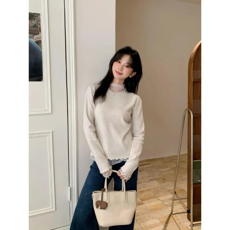 2025新款针织衫套头休闲蕾丝打底直筒套头长袖拼接显瘦休闲女-229