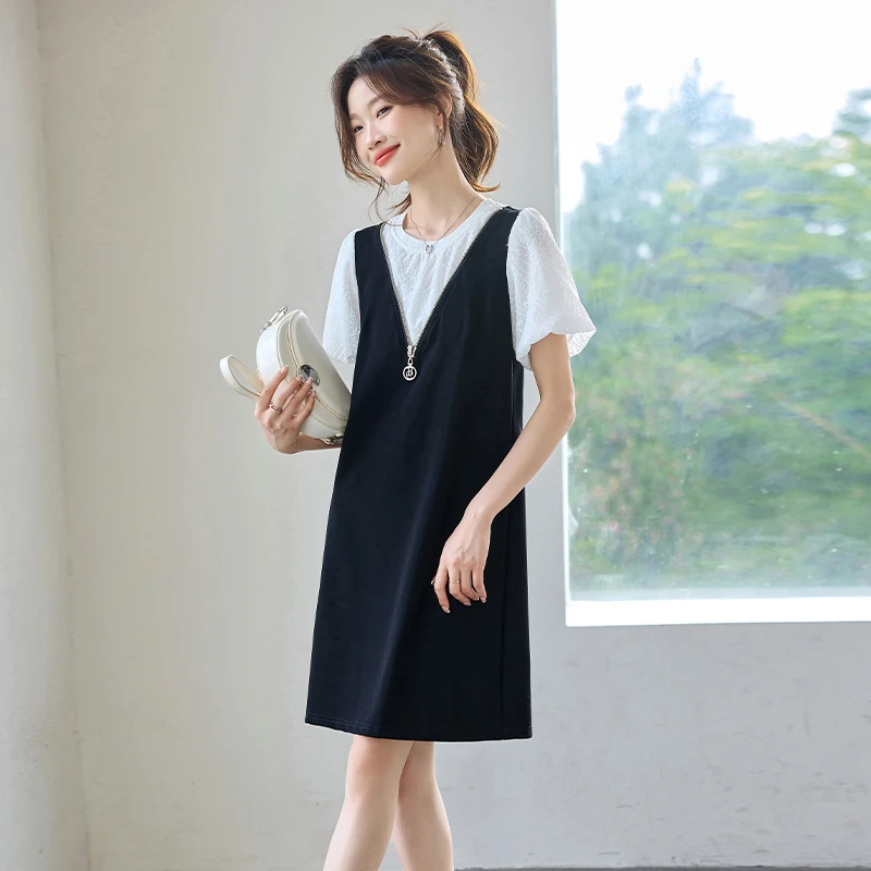 夏季拼接深V领宽松背心2025连衣裙假两件中长款显瘦气质洋气减龄