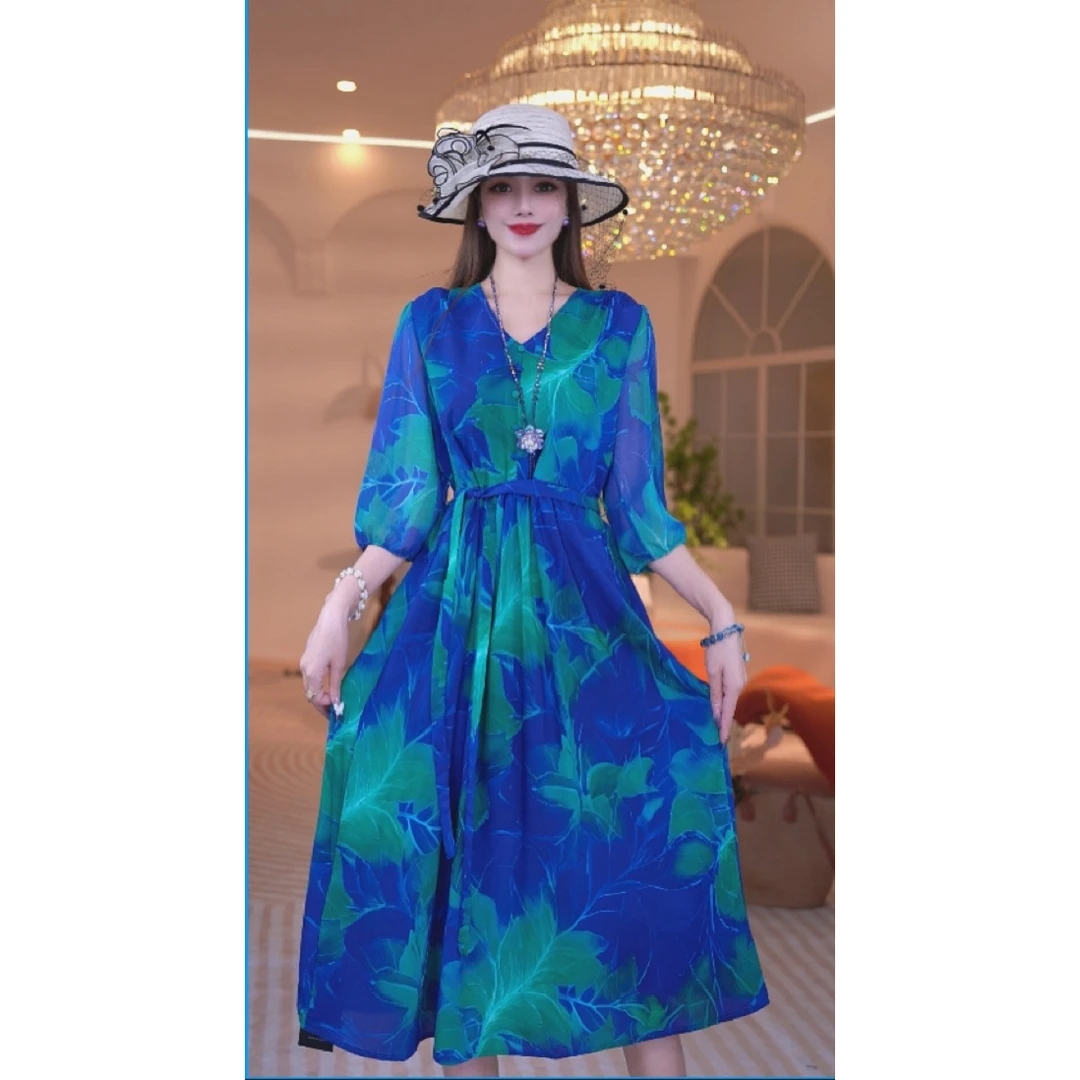 暖长裙夏季宴会气质法式优雅长款短袖连衣裙1180