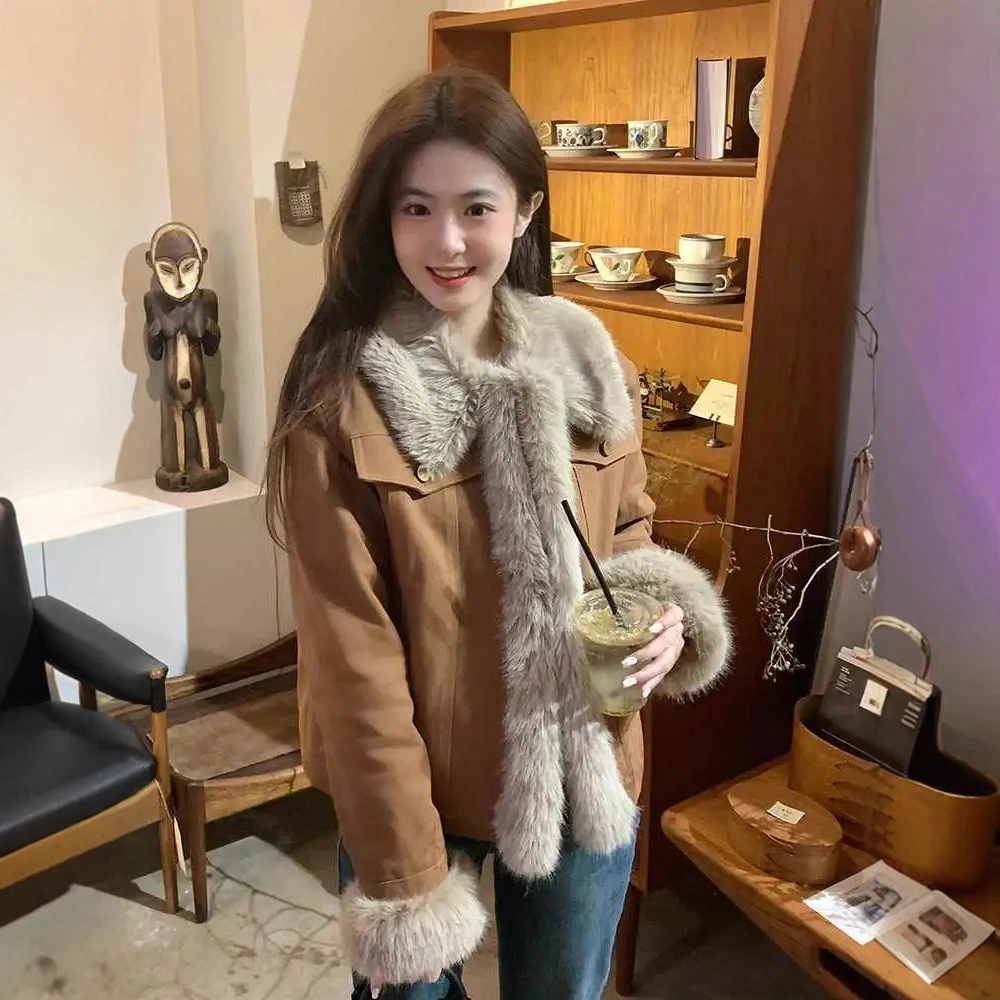 美拉德穿搭棕色毛毛拼接翻领外套女款秋冬季argueculture官方外套