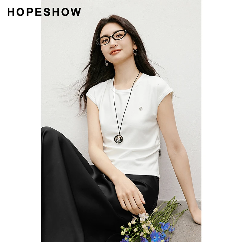 红袖2025夏季新款女装抽褶收腰宽肩连身袖圆领套头T恤90225130204