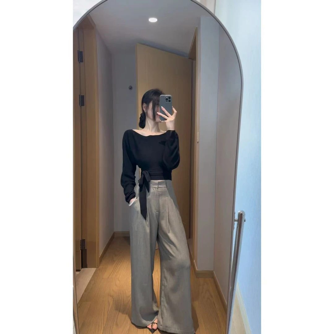 【暮秋】一字领坑条绑带上衣（前后可穿）