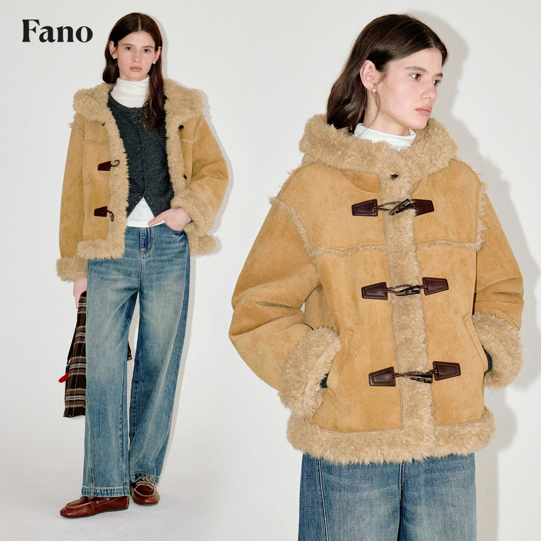 【清仓】冬日絮语学院风牛角扣皮毛一体连帽外套FD25W012