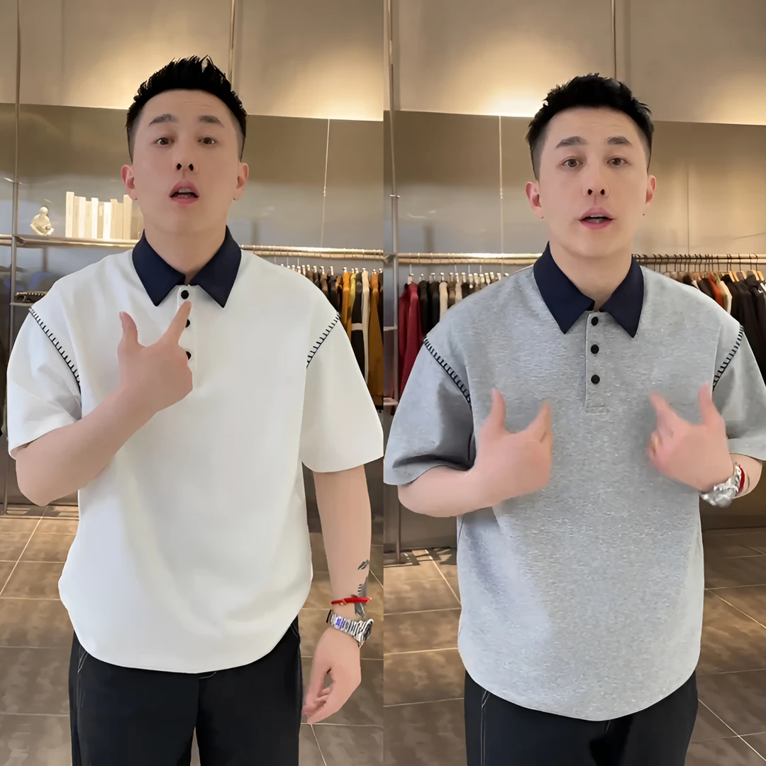 夏季新款明线拼接简约翻领POLO衫短袖男士商务高档时尚百搭半袖衫