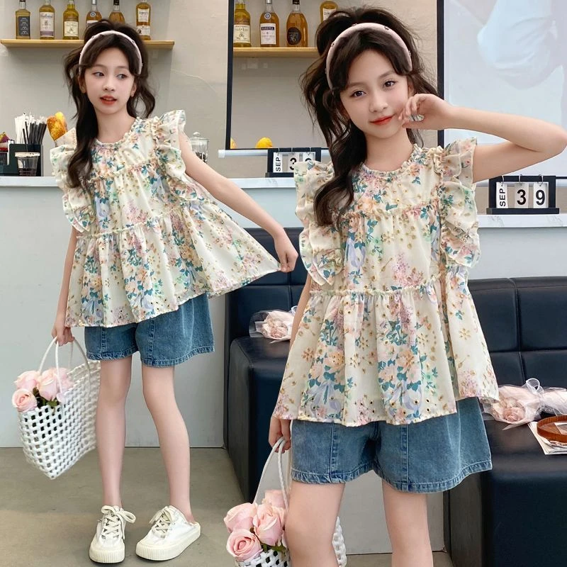 女童夏季新款公主风套装儿童碎花洋气花边袖衬衫牛仔短裤两件套潮