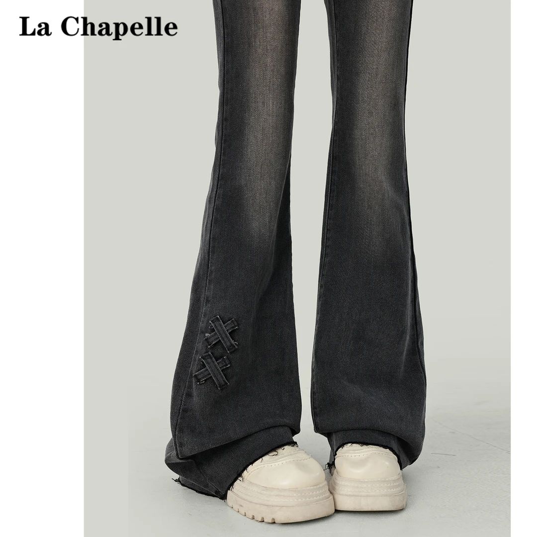 拉夏贝尔黑灰色蝴蝶结微喇牛仔裤女2025秋冬高腰显瘦弹力马蹄裤子