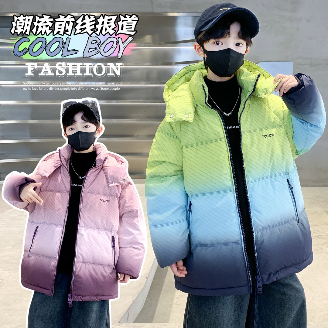 儿童连帽棉服渐变秋冬2026新款男童中大童冬季棉袄加厚保暖潮