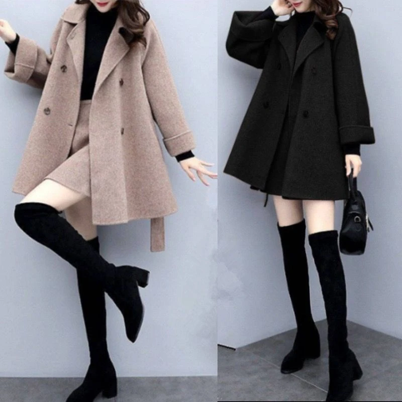 花花公子贵宾【万达撤柜】胖mm秋冬两件套毛呢外套女时尚风衣呢子半