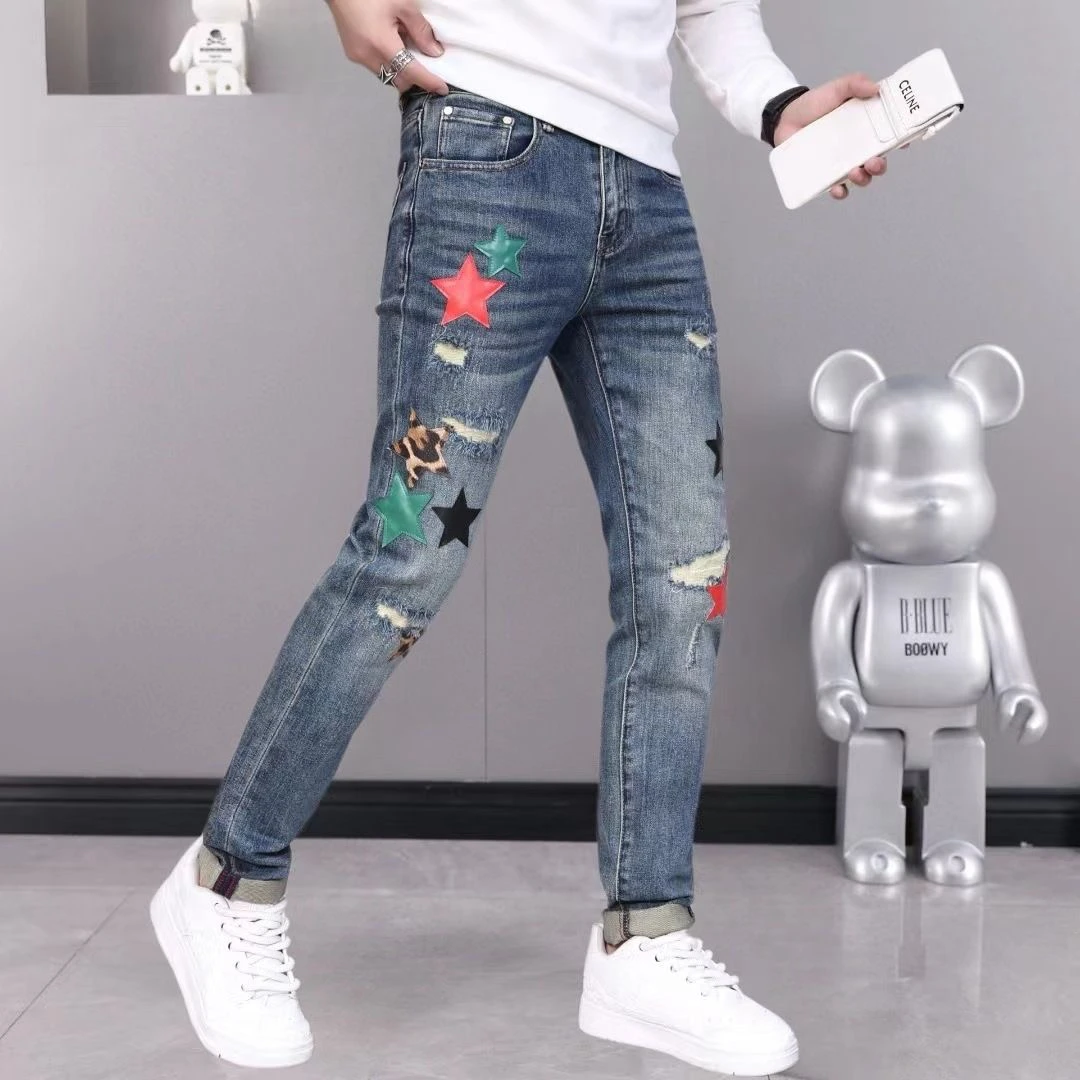 欧货高端牛仔裤男潮牌刺绣印花百搭修身小脚裤弹力韩版潮流