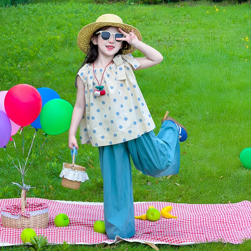 女孩洋气套装夏2025新款女童夏季韩系波点无袖上衣儿童阔腿裤套装