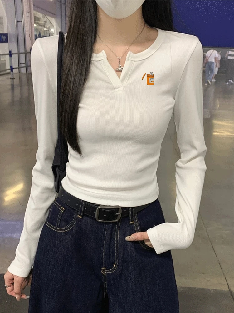 韩版气质半开领别致长袖T恤女秋简约设计感百搭小众上衣显瘦修身