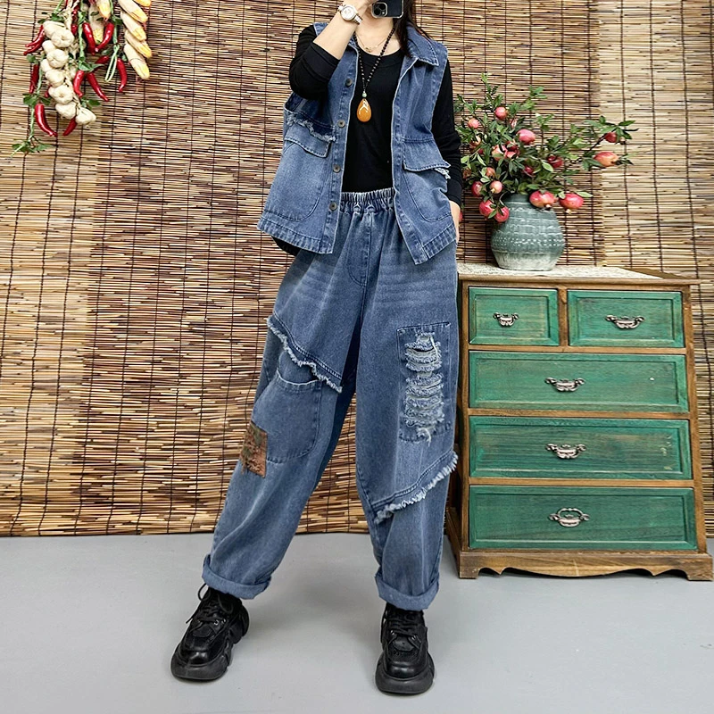 2025新款原创复古时尚牛仔套装女妈妈装春秋季宽松外套休闲两件套