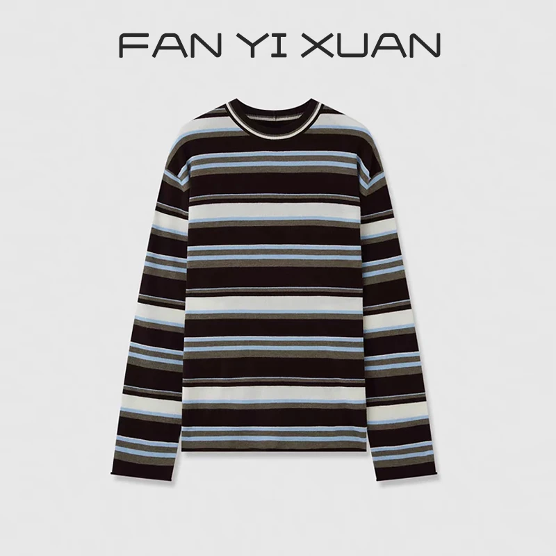 复古色系多色彩条纹粗纺羊毛 绒感加厚博主风随性廓形毛衣
