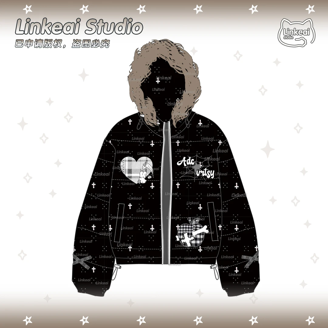 凛可爱 小众甜酷风卡通刺绣毛领连帽棉服女冬季新款宽松百搭棉衣