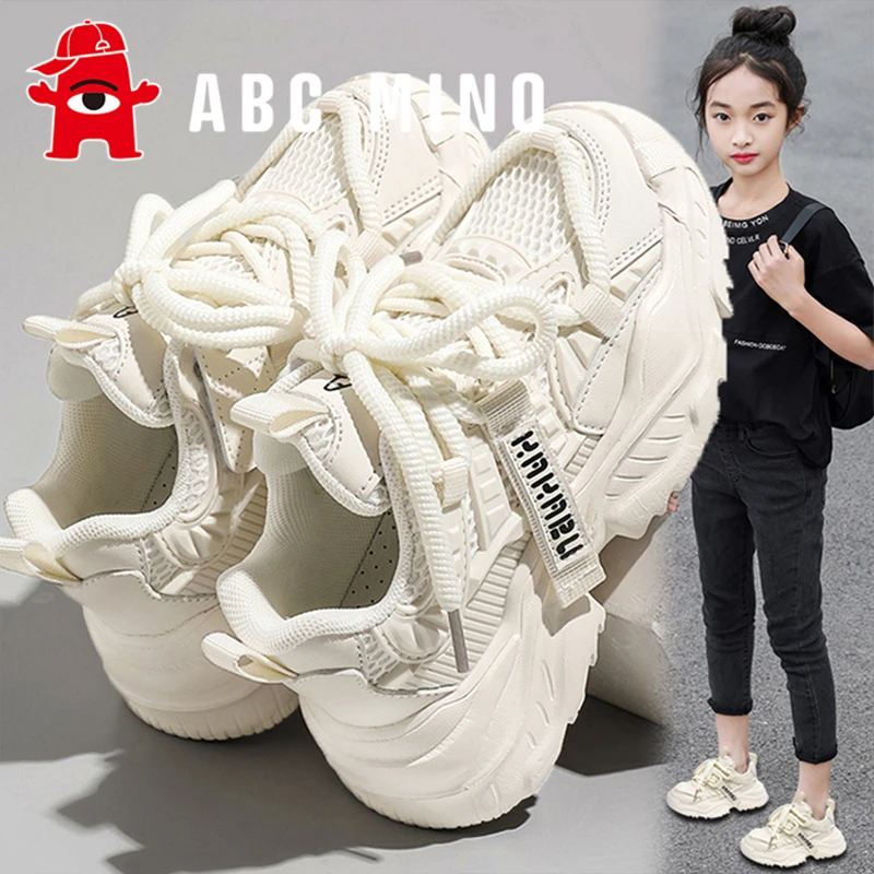 ABC MINO女童鞋老爹鞋秋季网面透气2025新款儿童白色运动鞋小白鞋