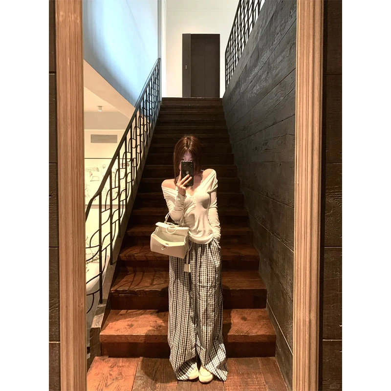 【夏日多巴胺】辣妹休闲风深V领挂脖吊带内搭上衣高腰格子阔腿裤女