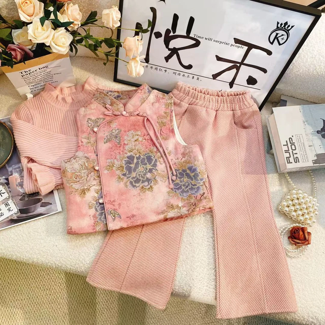 SD粉嫩少女粉暖冬套装萌娃冬装新中式国风加厚拜年服套装6452